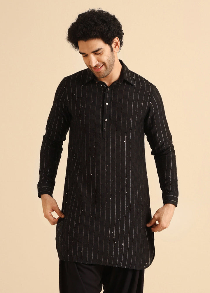 Black Silk Blend Sequins Striped Pathani Kurta | SHOBITAM