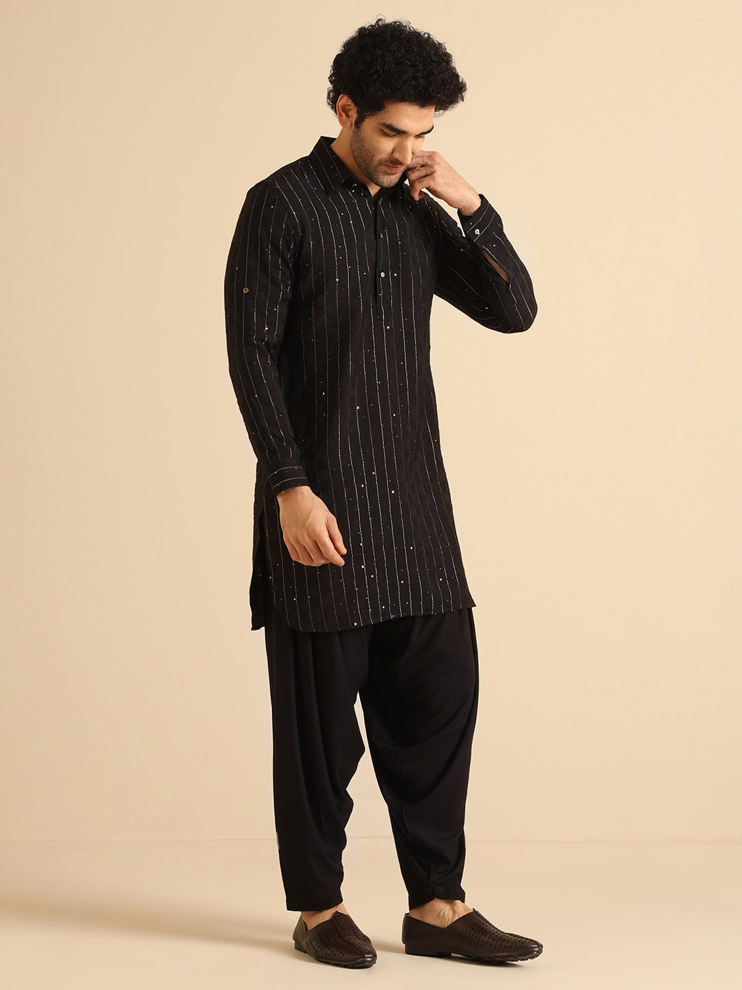 Black Silk Blend Sequins Striped Pathani Kurta | SHOBITAM