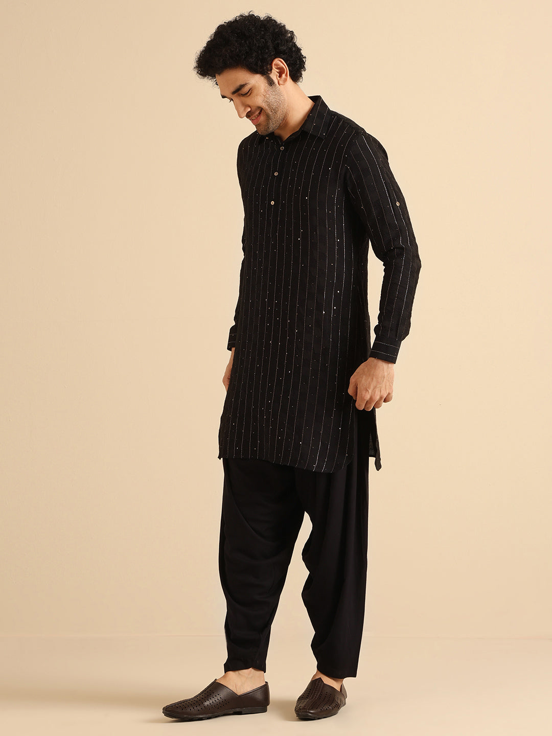 Black Silk Blend Sequins Striped Pathani Kurta | SHOBITAM