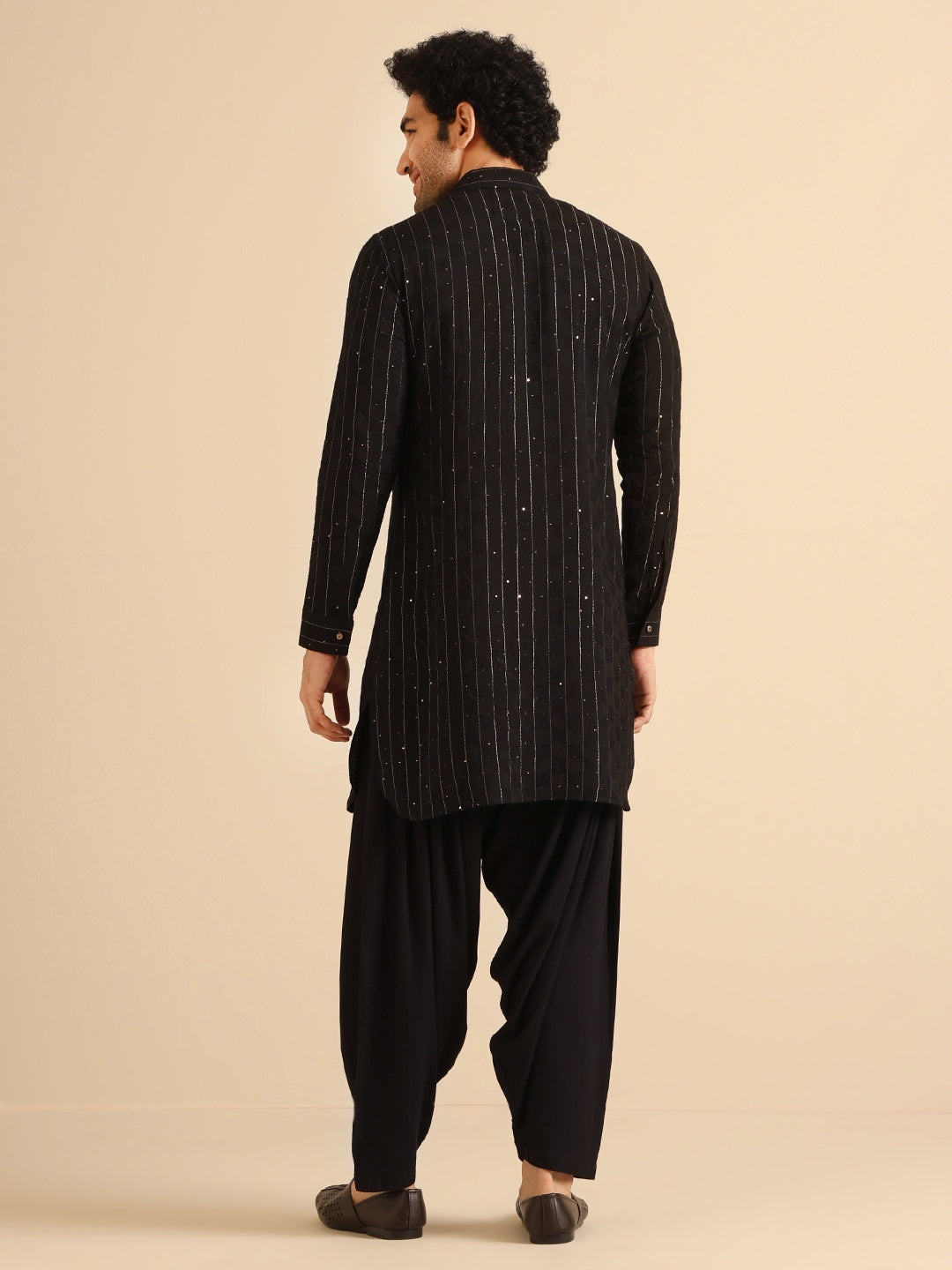 Black Silk Blend Sequins Striped Pathani Kurta | SHOBITAM