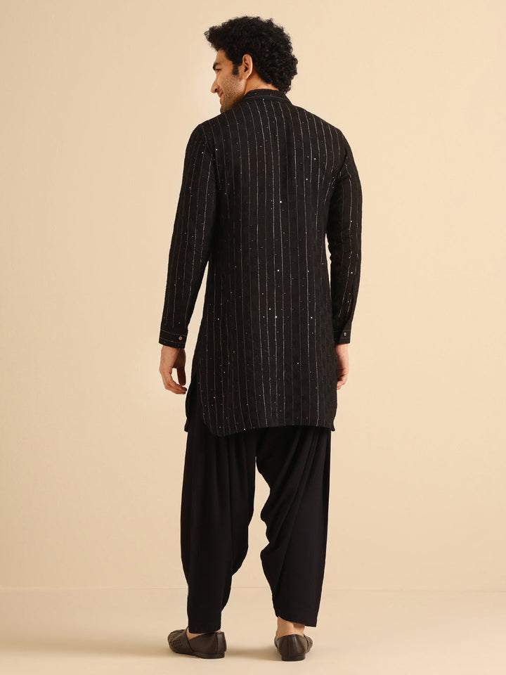 Black Silk Blend Sequins Striped Pathani Kurta | SHOBITAM
