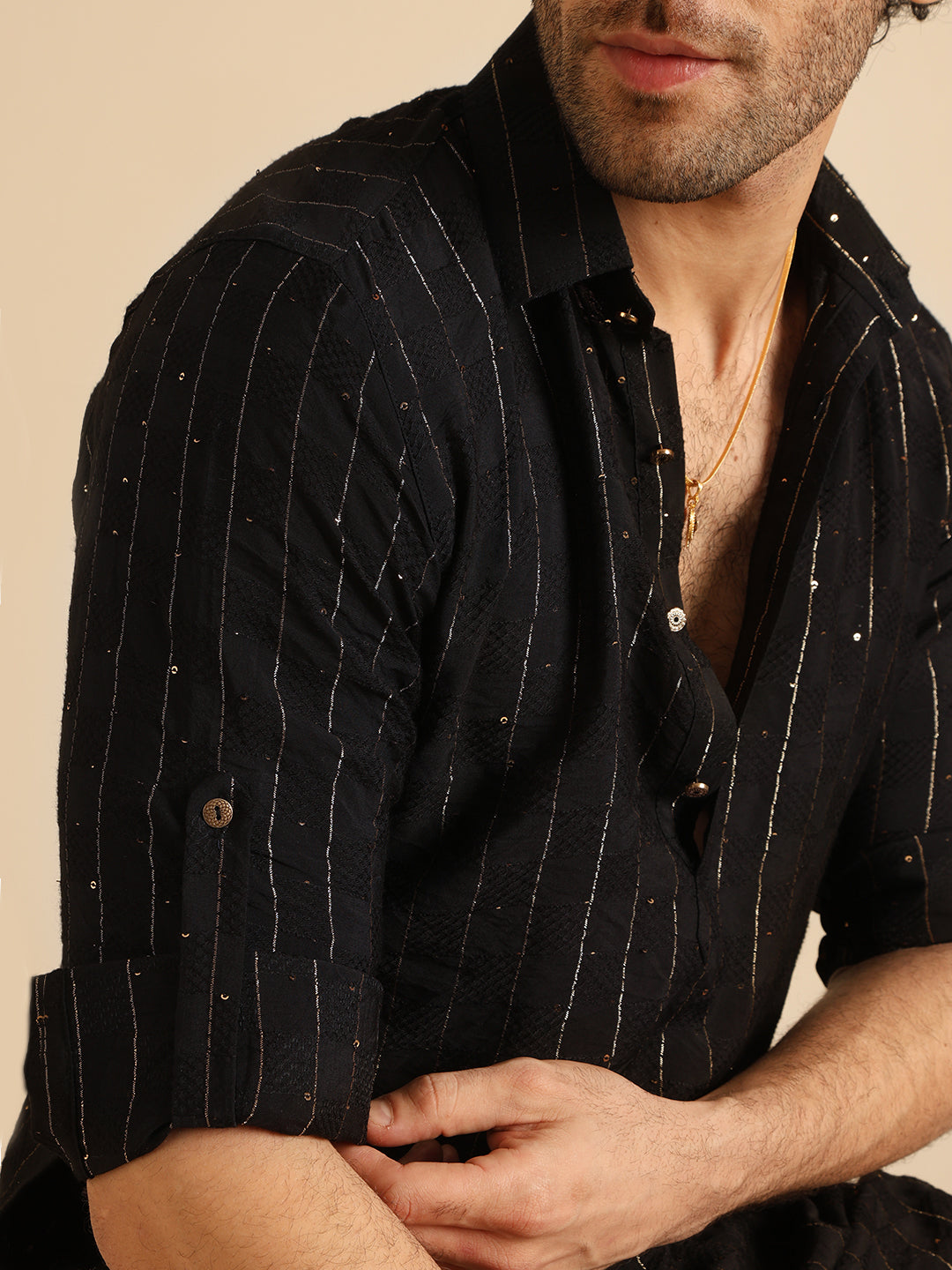 Black Silk Blend Sequins Striped Pathani Kurta | SHOBITAM