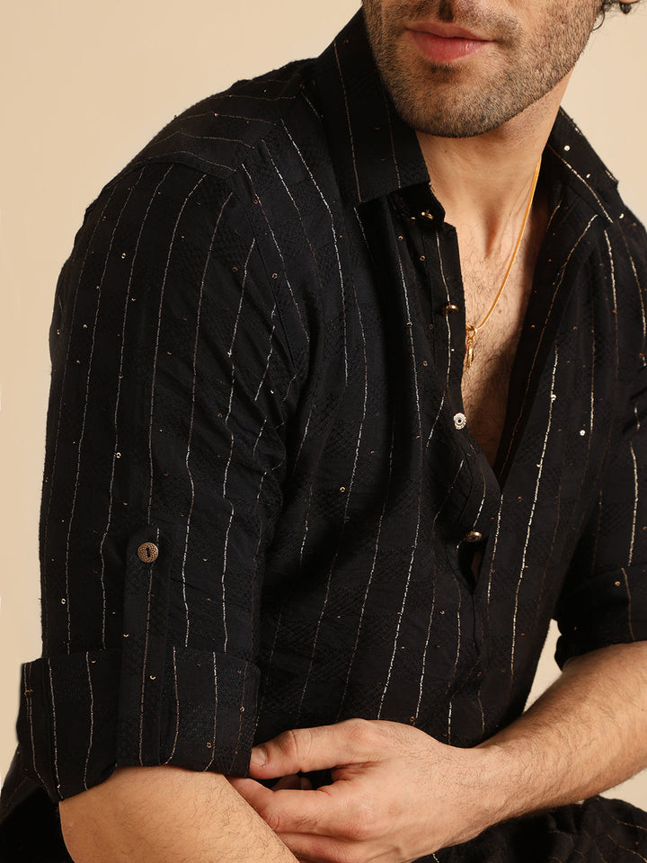 Black Silk Blend Sequins Striped Pathani Kurta | SHOBITAM