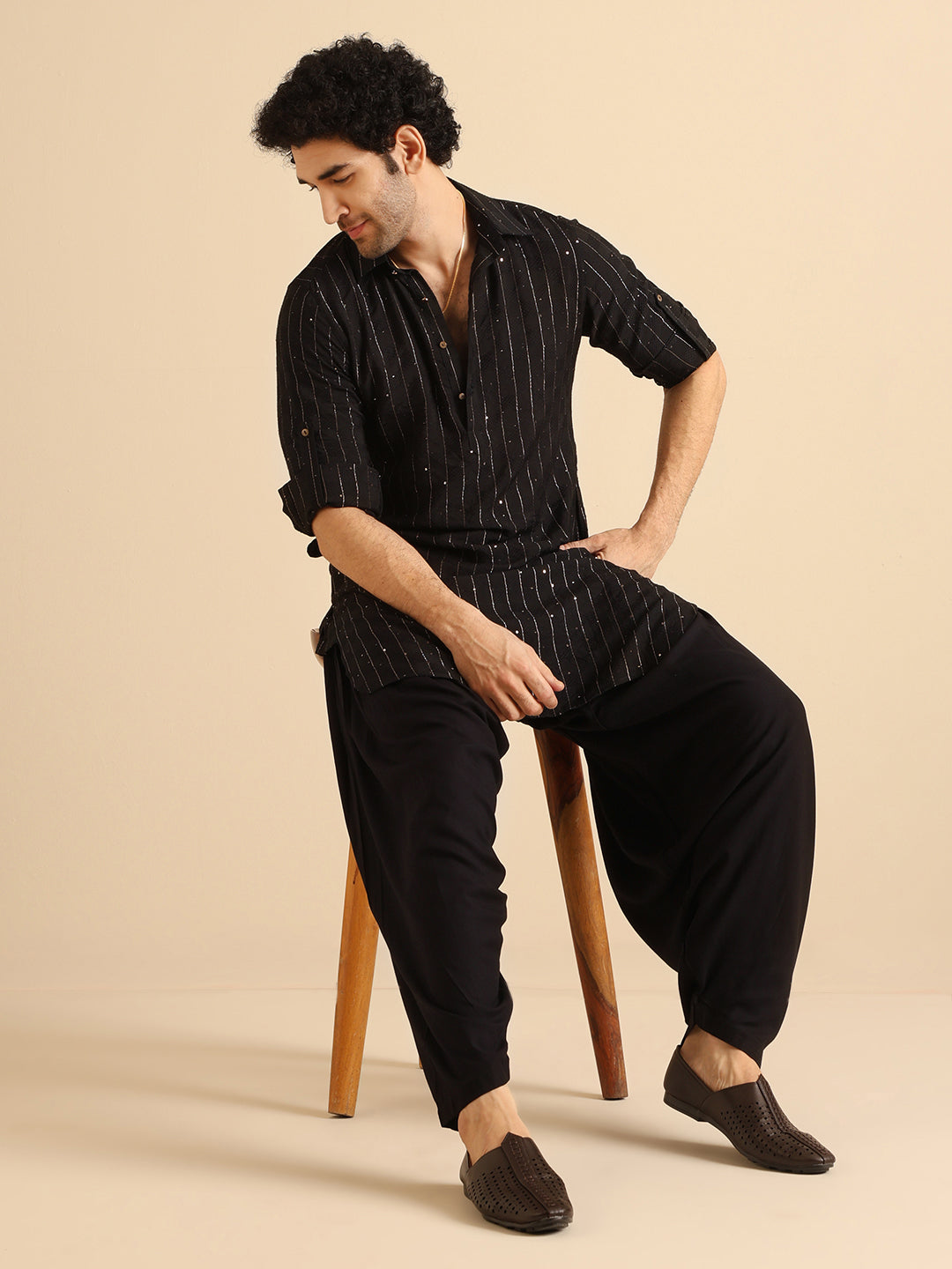 Black Silk Blend Sequins Striped Pathani Kurta | SHOBITAM