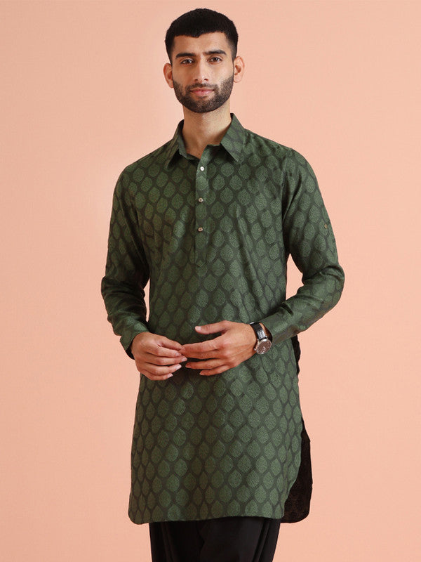Green Silk Blend Jacquard Pathani Kurta | SHOBITAM