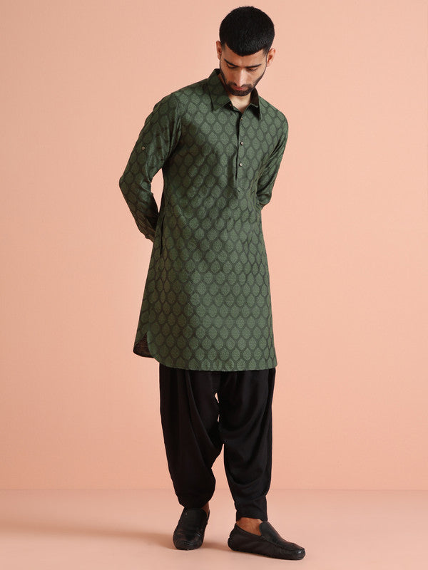 Green Silk Blend Jacquard Pathani Kurta | SHOBITAM