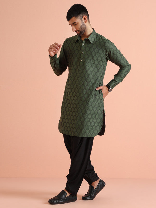 Green Silk Blend Jacquard Pathani Kurta | SHOBITAM