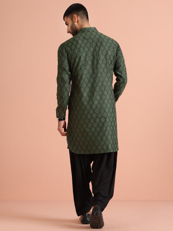 Green Silk Blend Jacquard Pathani Kurta | SHOBITAM
