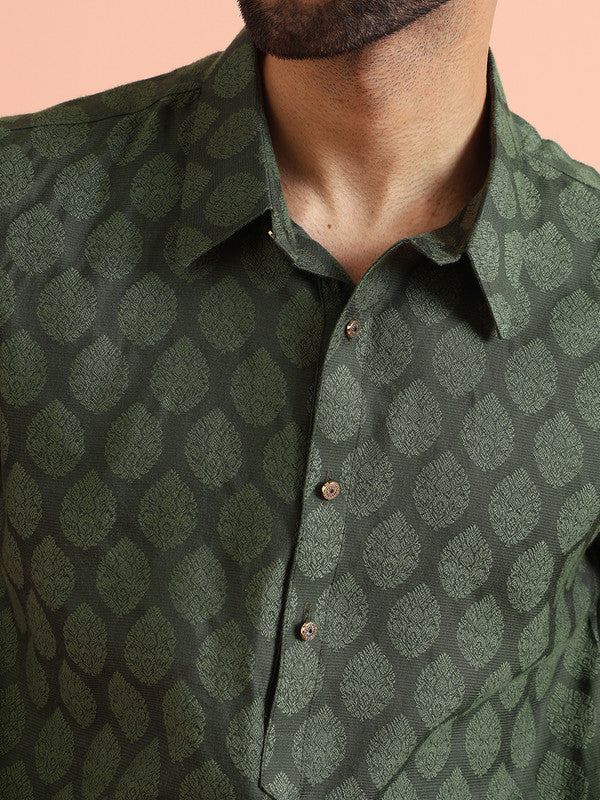Green Silk Blend Jacquard Pathani Kurta | SHOBITAM