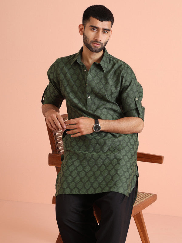 Green Silk Blend Jacquard Pathani Kurta | SHOBITAM