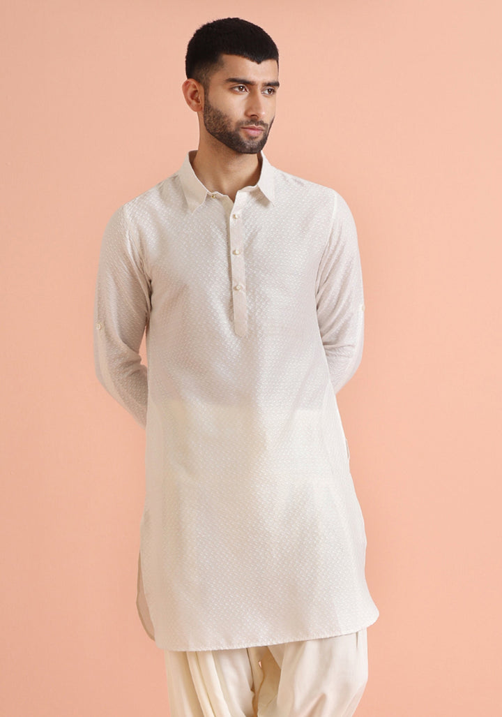 Cream Jacquard Textured Pathani Kurta | SHOBITAM