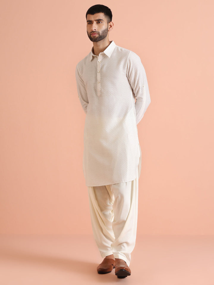 Cream Jacquard Textured Pathani Kurta | SHOBITAM