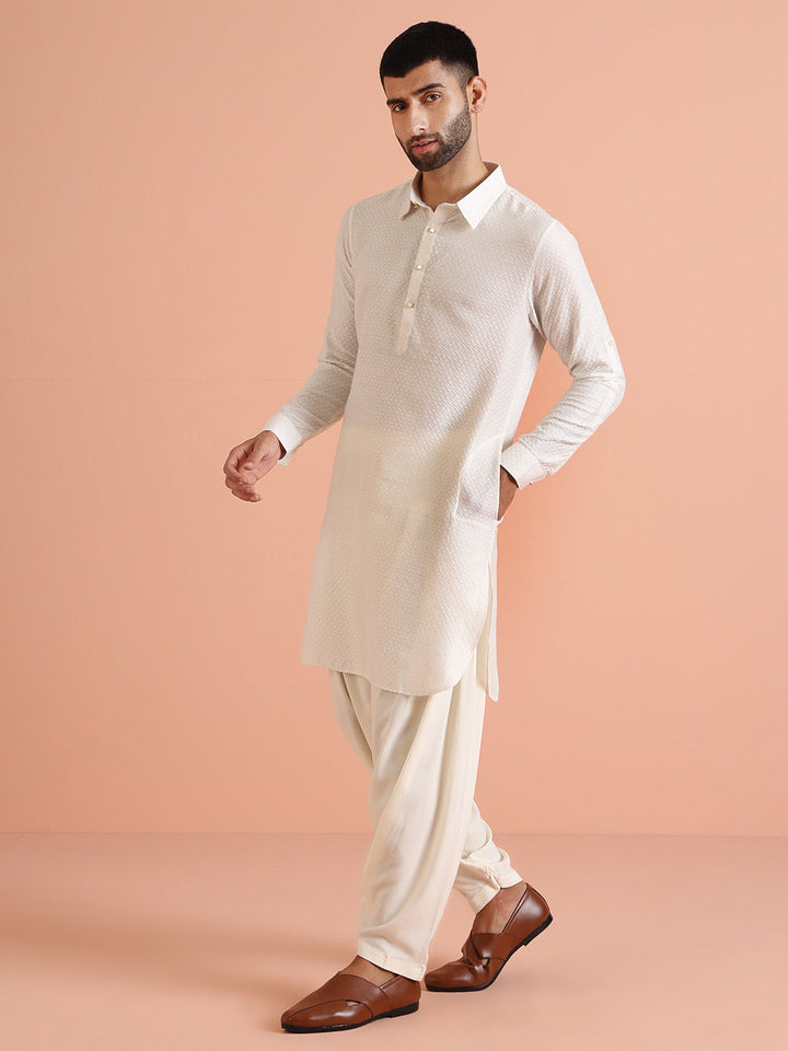 Cream Jacquard Textured Pathani Kurta | SHOBITAM