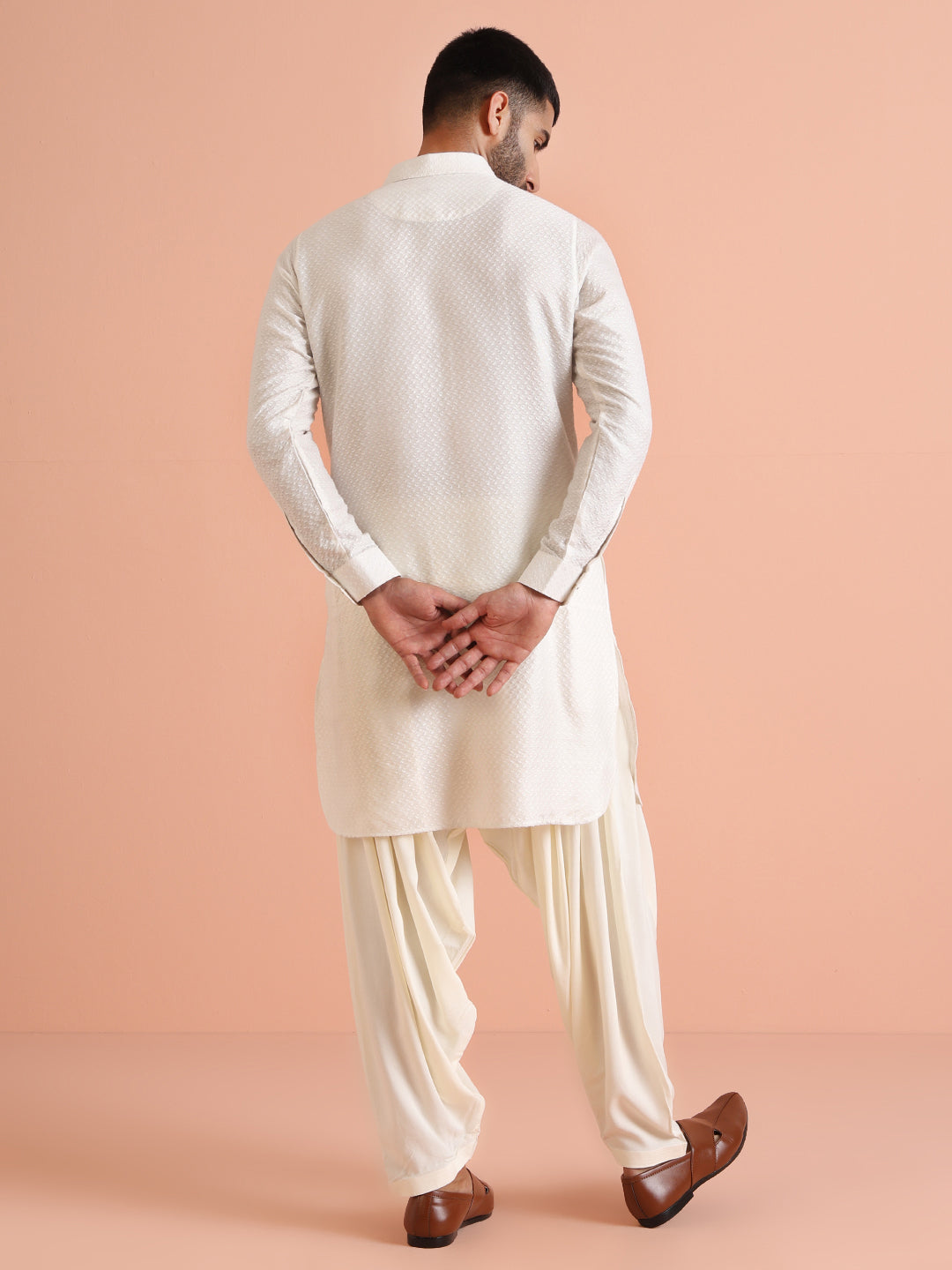 Cream Jacquard Textured Pathani Kurta | SHOBITAM