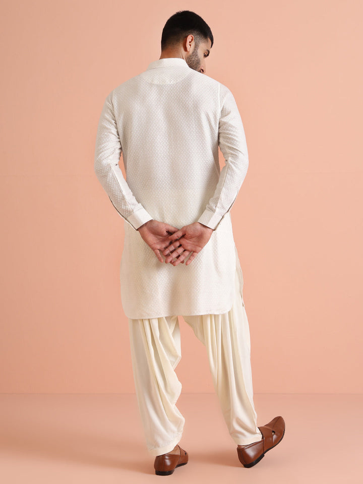 Cream Jacquard Textured Pathani Kurta | SHOBITAM