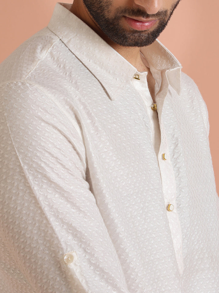 Cream Jacquard Textured Pathani Kurta | SHOBITAM