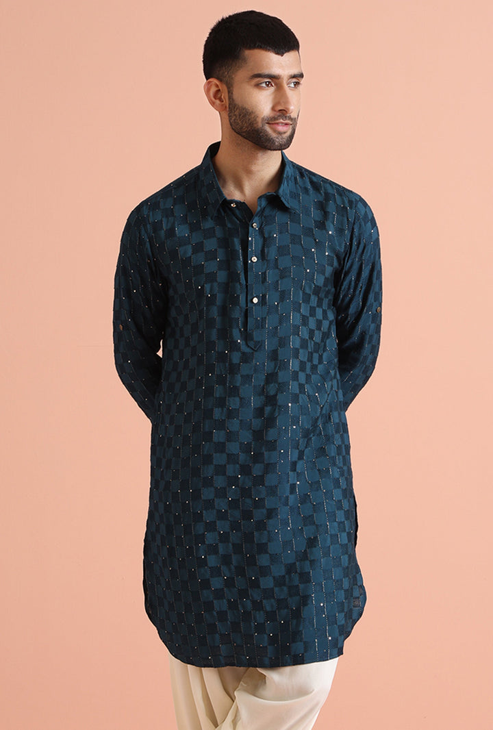 Blue Self-Checkered Pathani Kurta | SHOBITAM