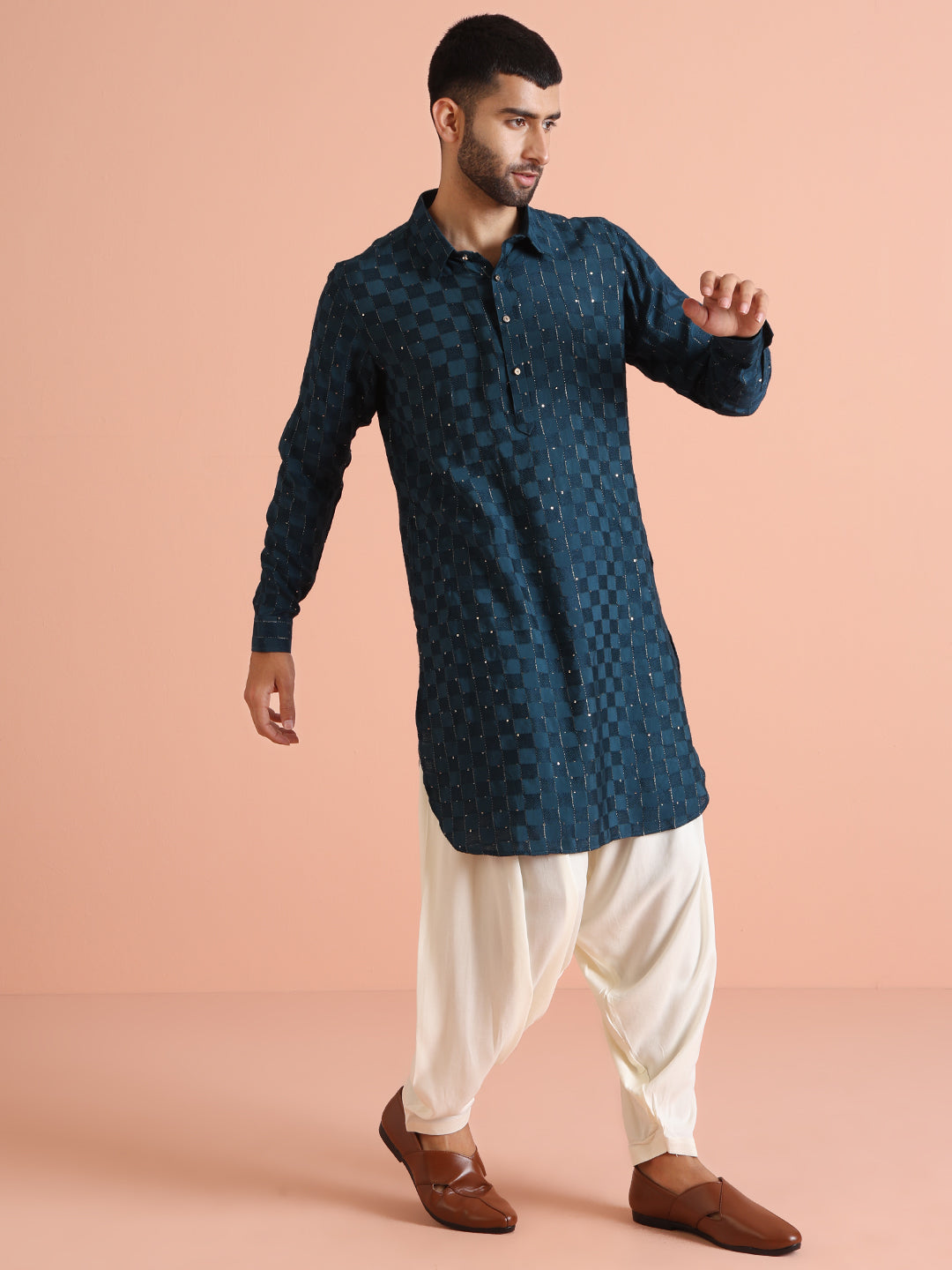 Blue Self-Checkered Pathani Kurta | SHOBITAM