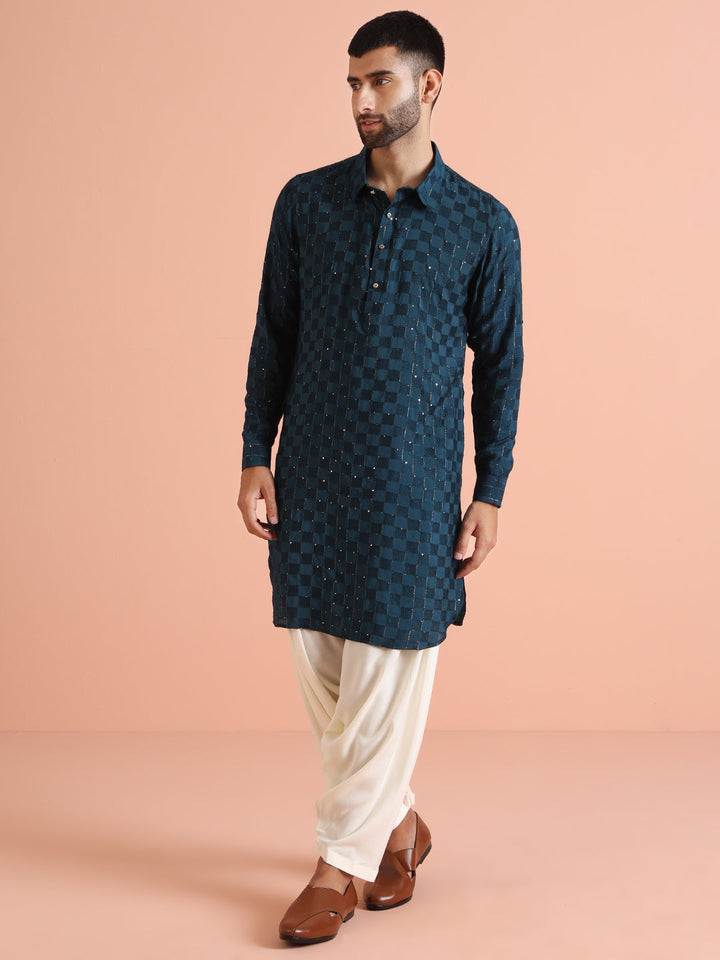 Blue Self-Checkered Pathani Kurta | SHOBITAM