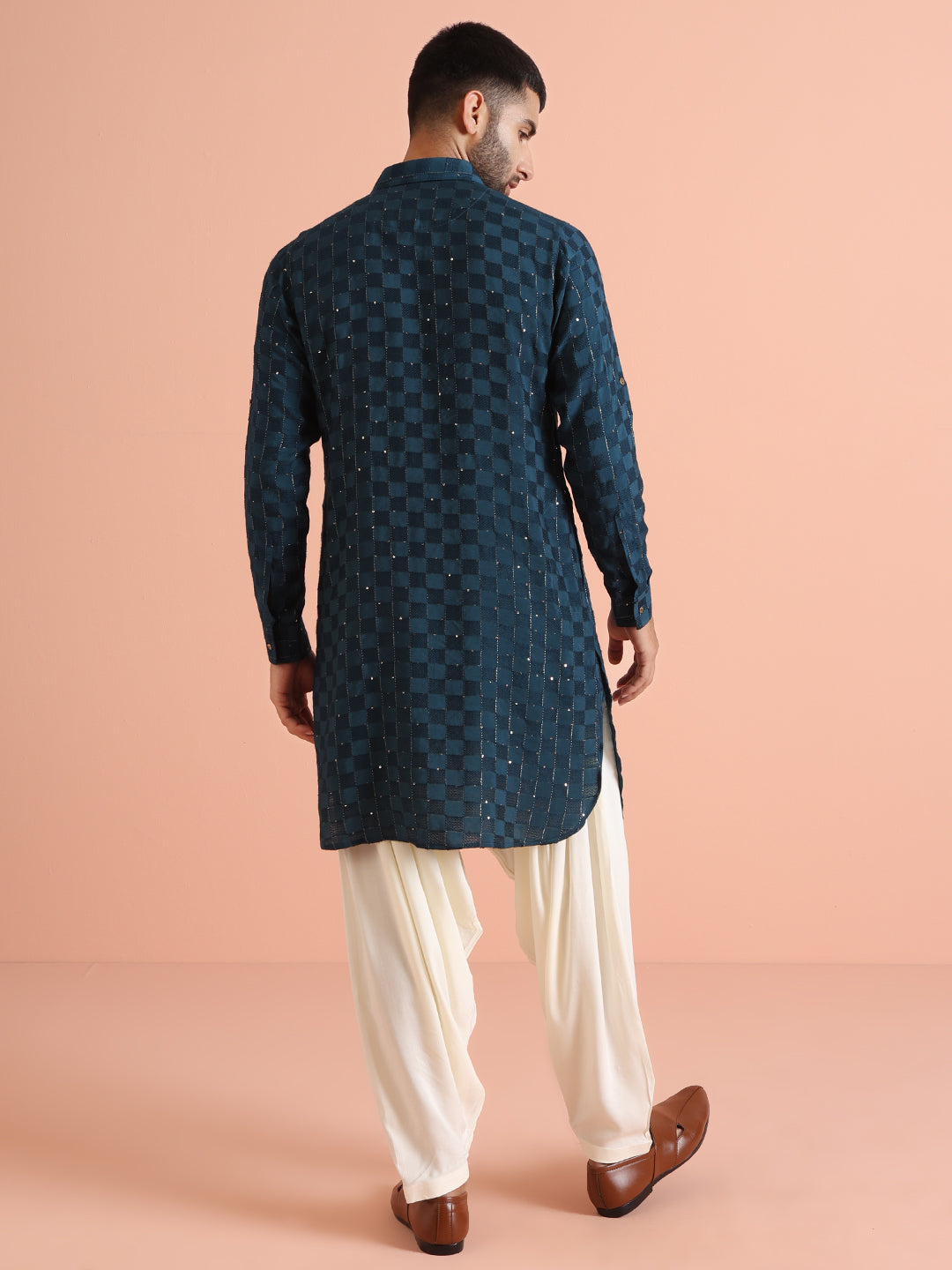 Blue Self-Checkered Pathani Kurta | SHOBITAM