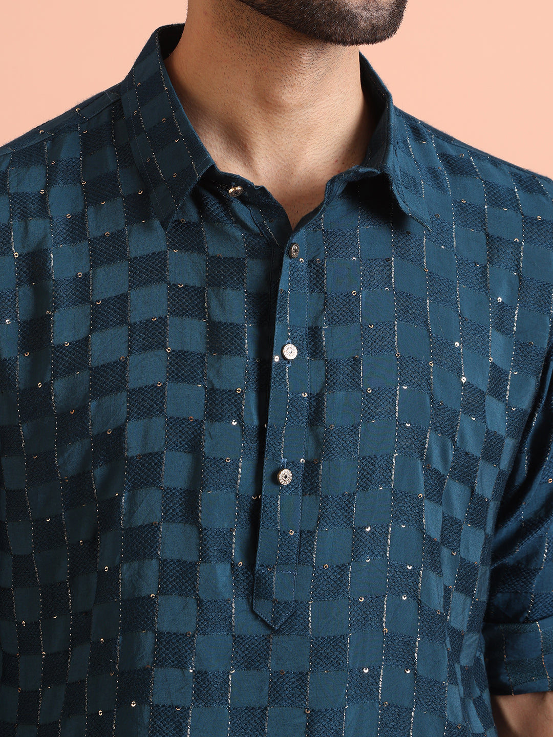 Blue Self-Checkered Pathani Kurta | SHOBITAM