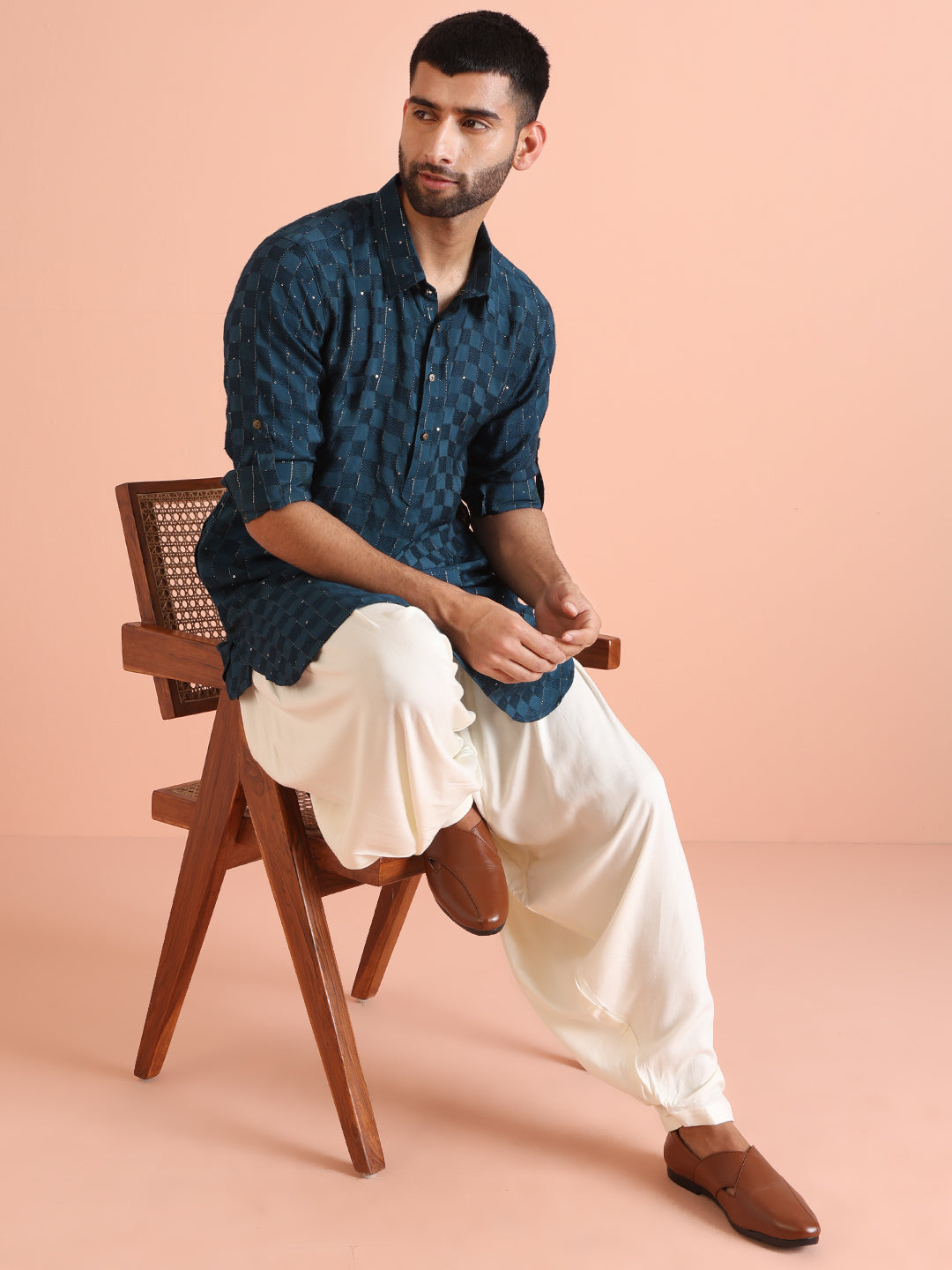 Blue Self-Checkered Pathani Kurta | SHOBITAM