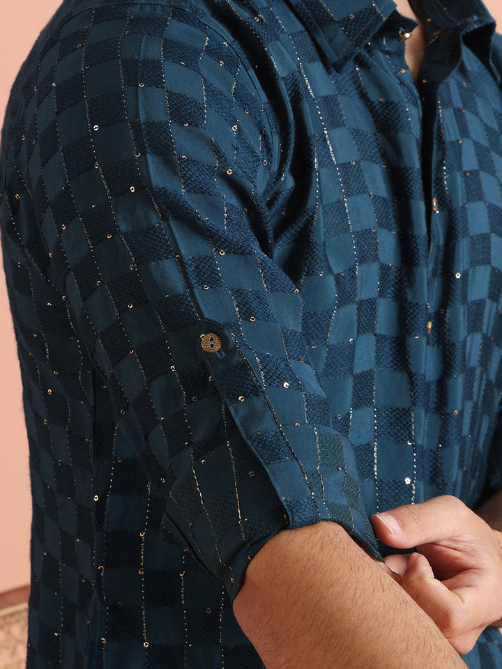 Blue Self-Checkered Pathani Kurta | SHOBITAM