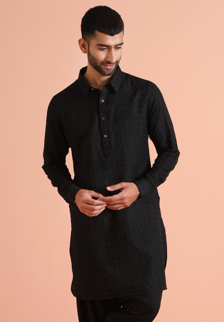 Black Self-Patterned Jacquard Pathani Kurta | SHOBITAM