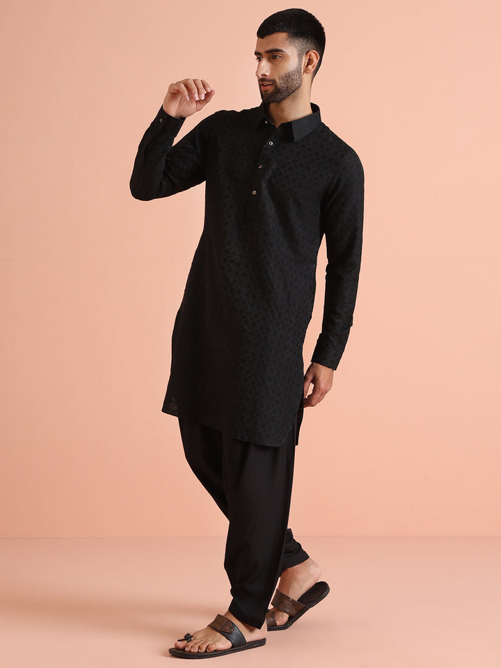 Black Self-Patterned Jacquard Pathani Kurta | SHOBITAM