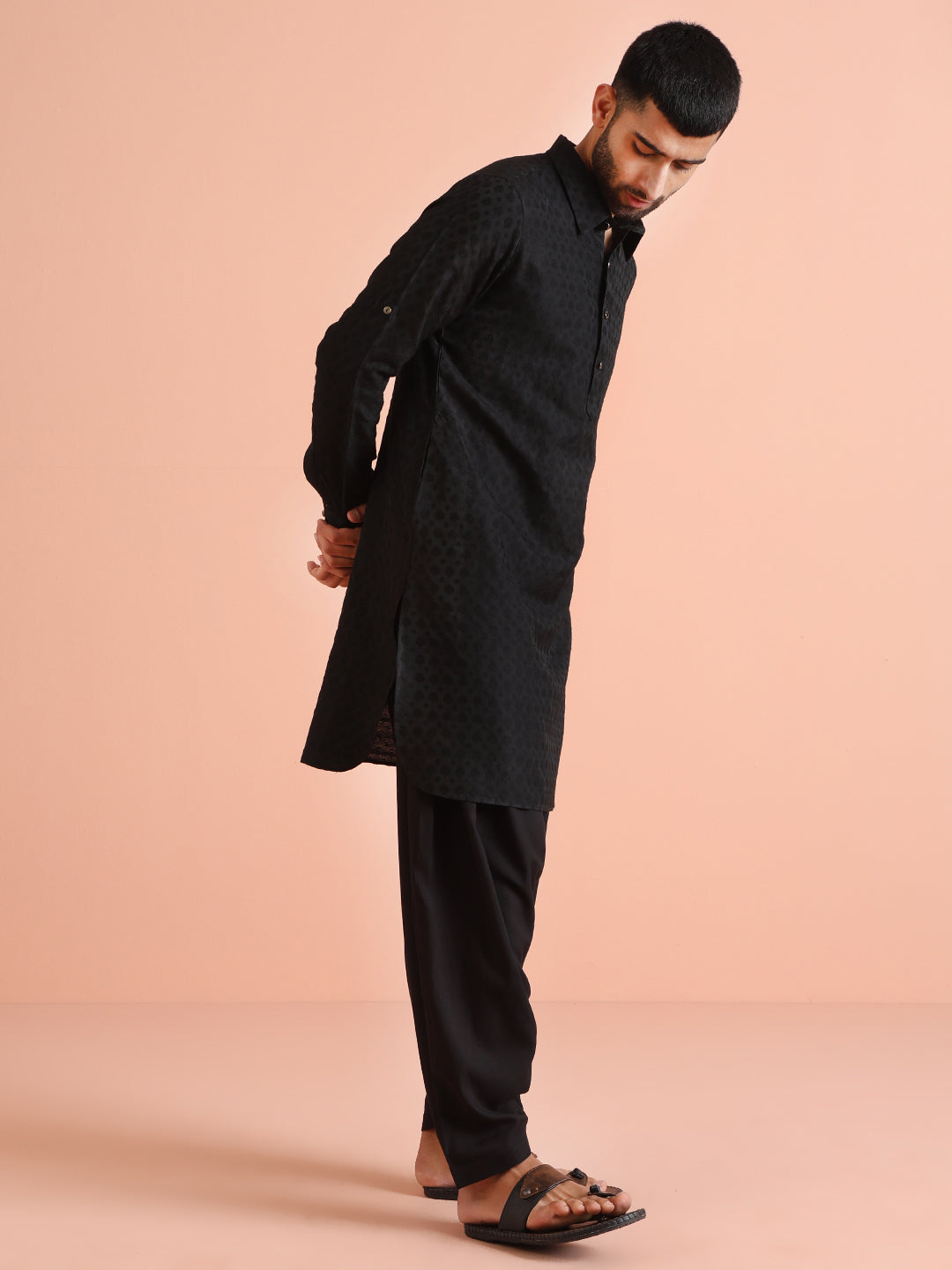 Black Self-Patterned Jacquard Pathani Kurta | SHOBITAM