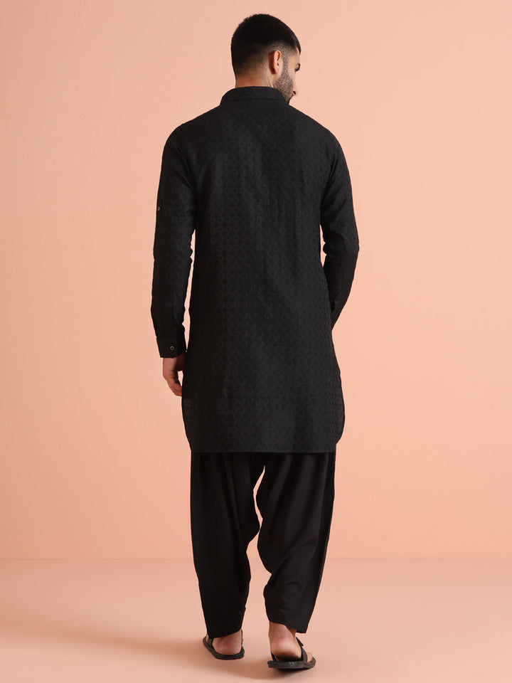 Black Self-Patterned Jacquard Pathani Kurta | SHOBITAM