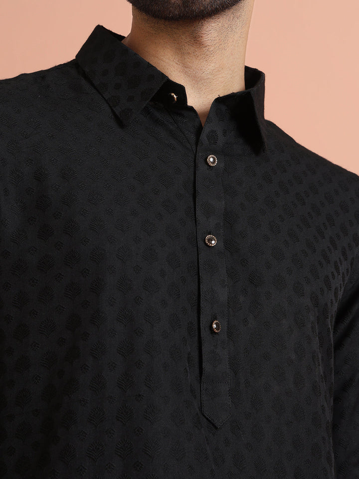Black Self-Patterned Jacquard Pathani Kurta | SHOBITAM