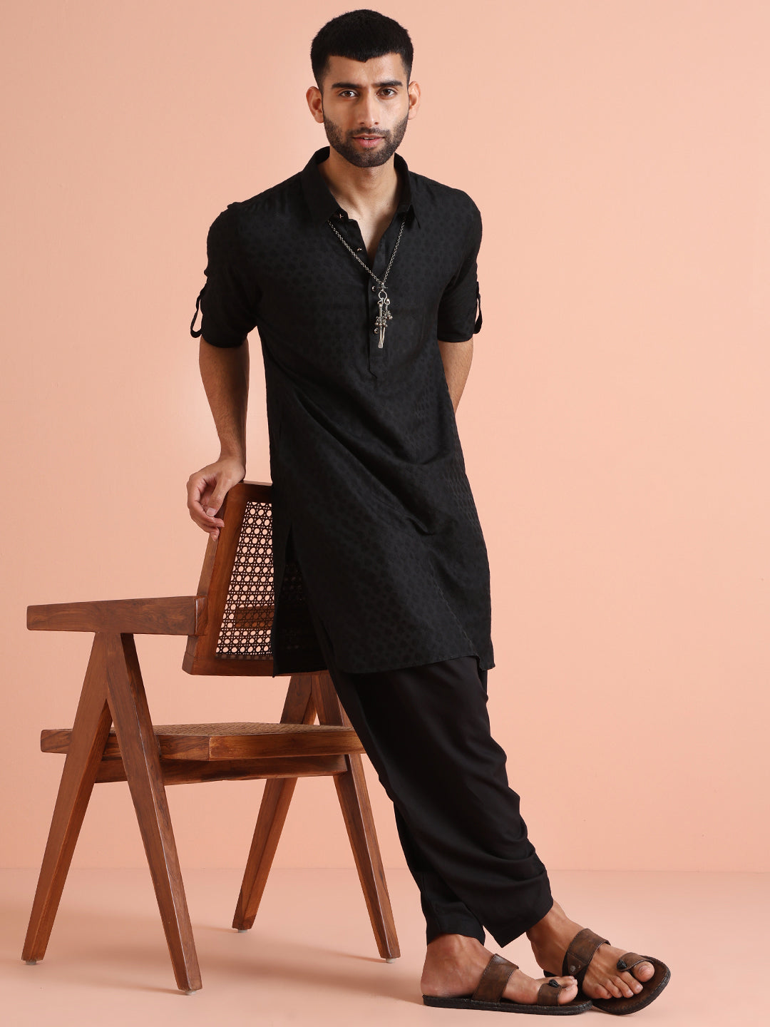 Black Self-Patterned Jacquard Pathani Kurta | SHOBITAM