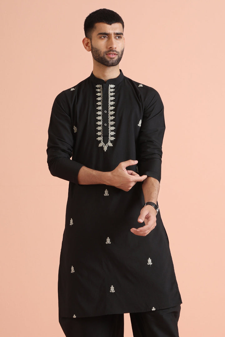 Black Kurta with Silver Thread Embroidery | SHOBITAM