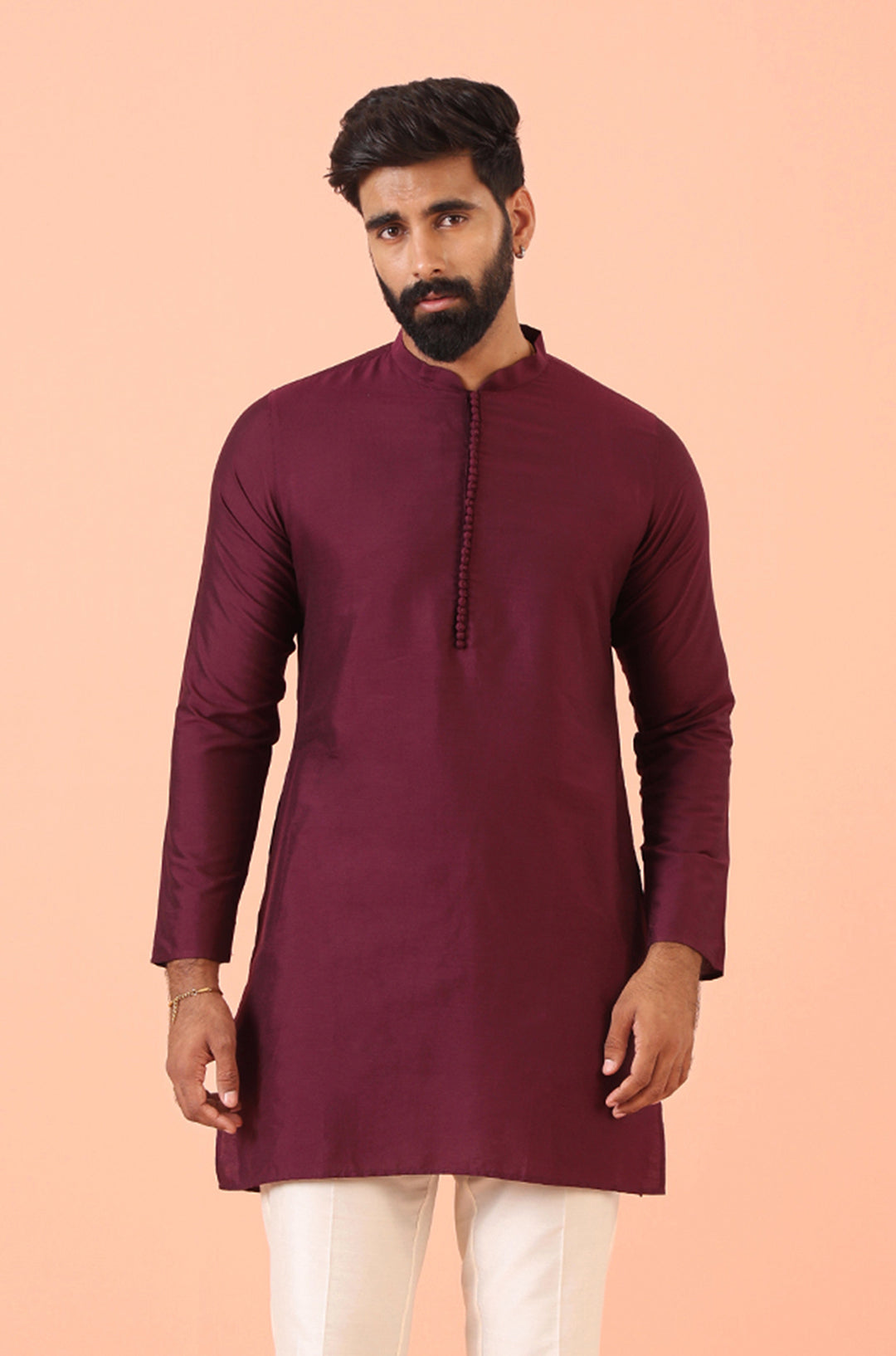 Wine Solid Silk Blend Mid Kurta | SHOBITAM