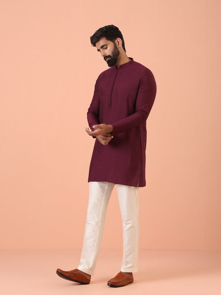 Wine Solid Silk Blend Mid Kurta | SHOBITAM