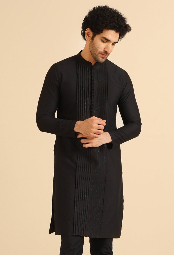 Black Pintuck Cotton Silk Kurta | SHOBITAM