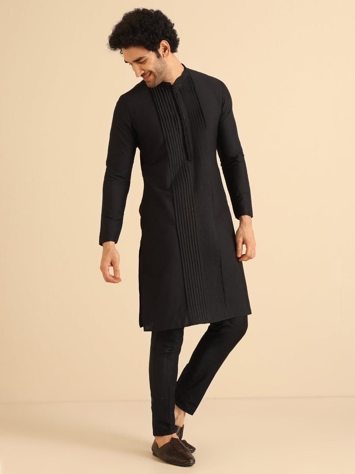 Black Pintuck Cotton Silk Kurta | SHOBITAM