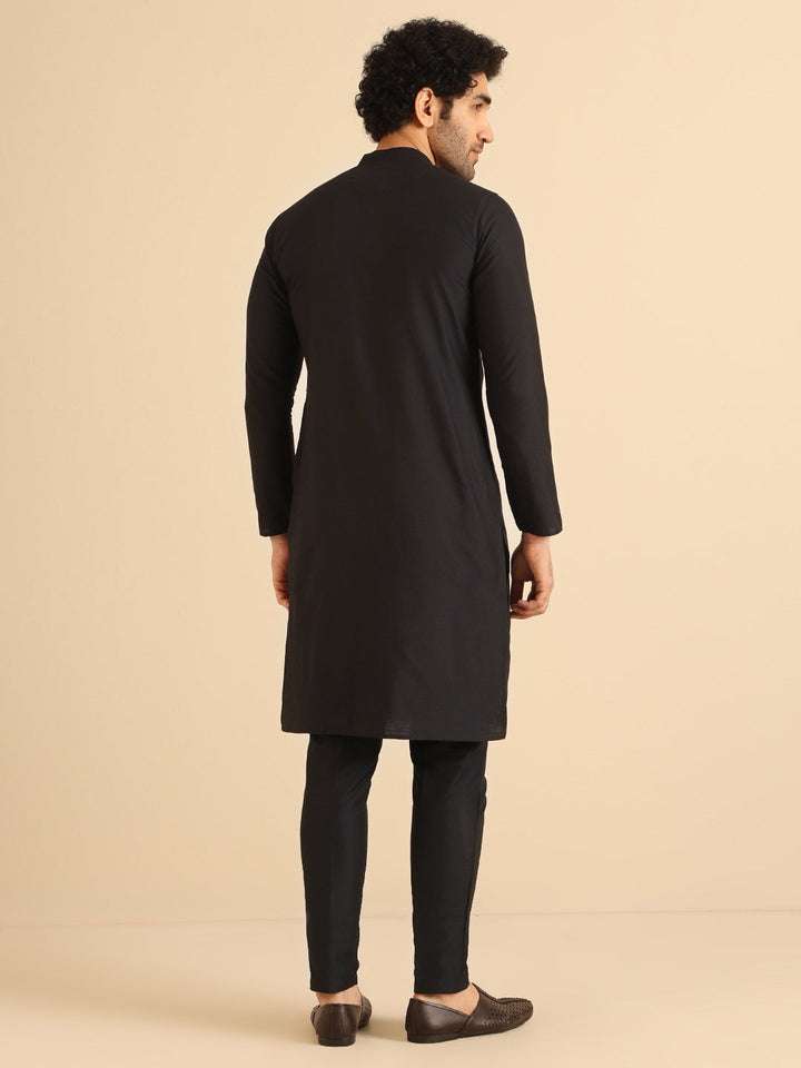 Black Pintuck Cotton Silk Kurta | SHOBITAM