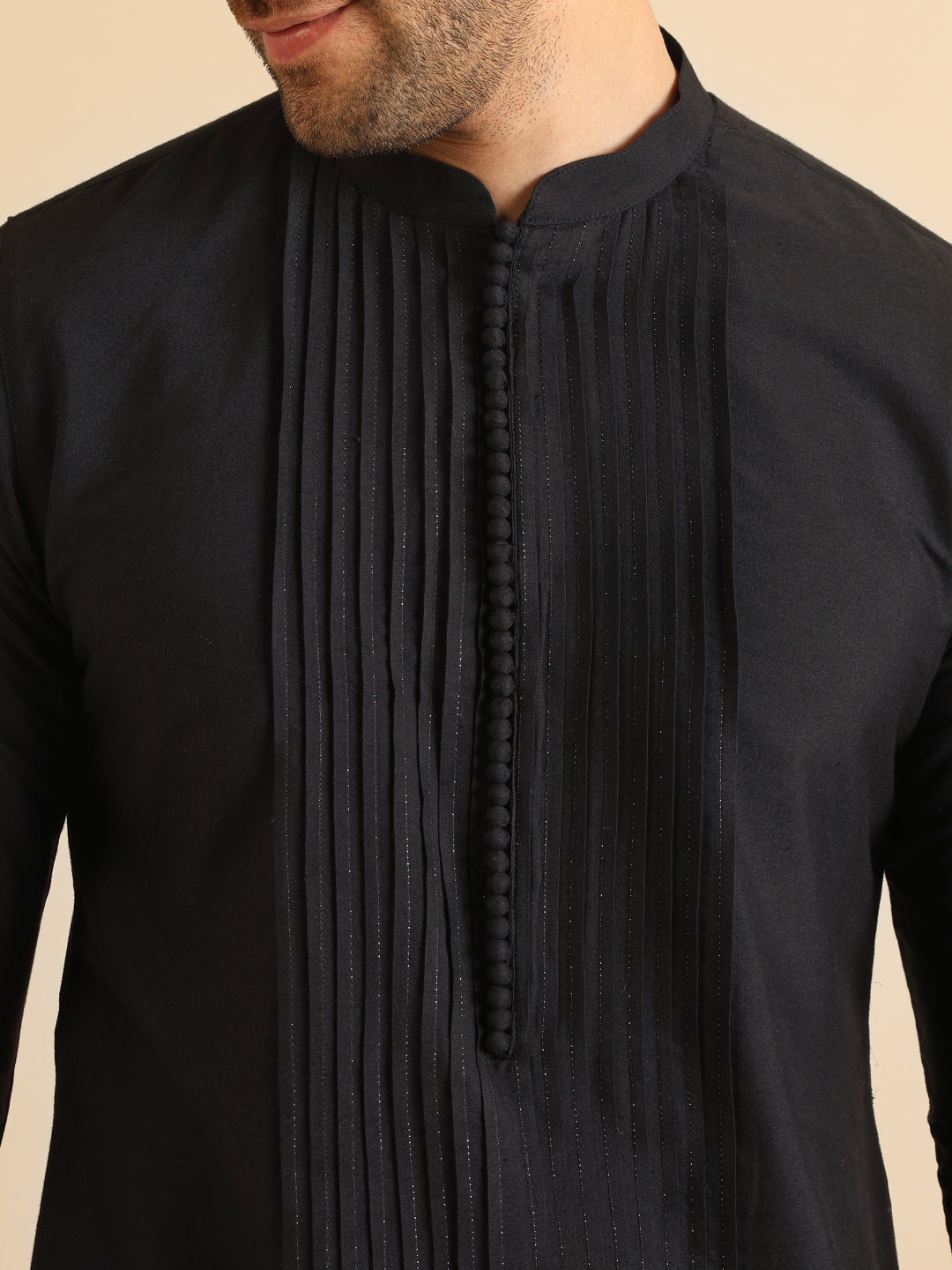 Black Pintuck Cotton Silk Kurta | SHOBITAM