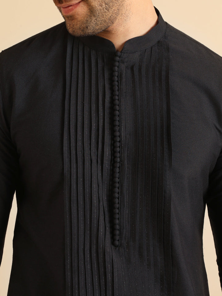 Black Pintuck Cotton Silk Kurta | SHOBITAM
