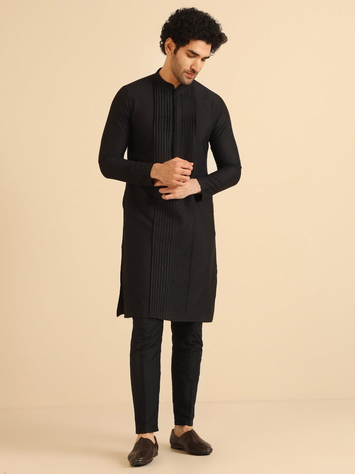 Black Pintuck Cotton Silk Kurta | SHOBITAM