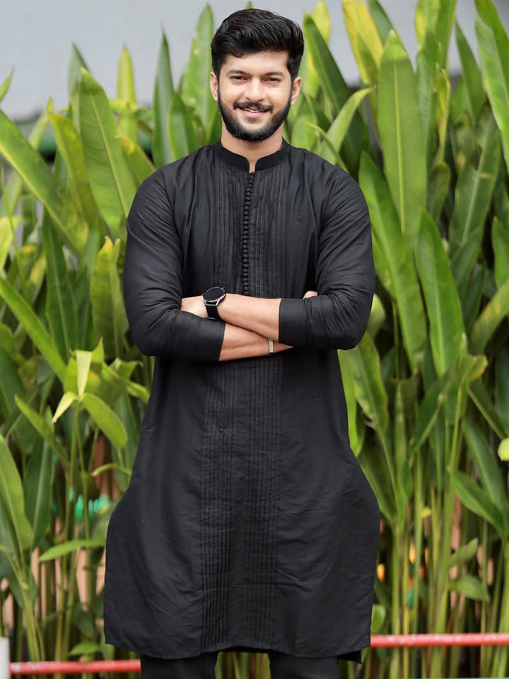 Black Pintuck Cotton Silk Kurta | SHOBITAM