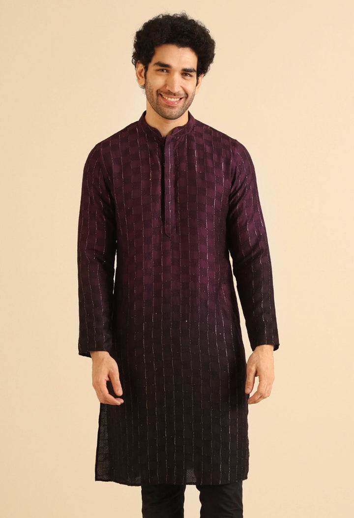 Wine to Black Ombre Check-Textured Long Kurta | SHOBITAM