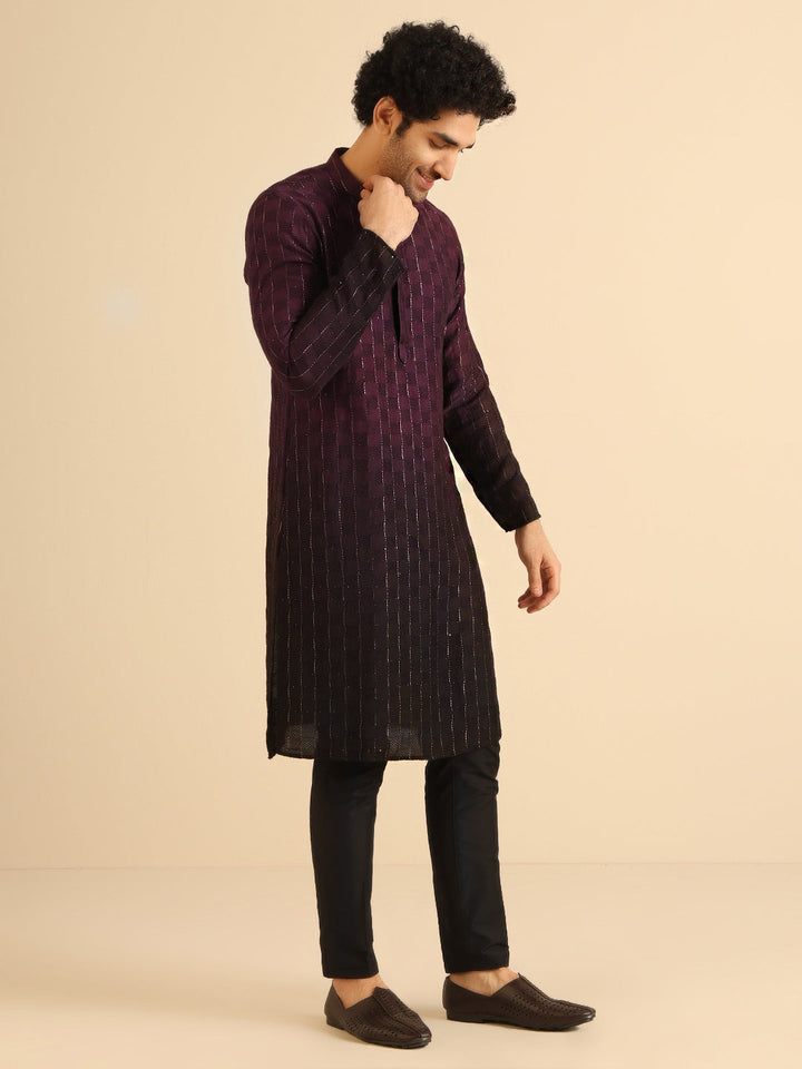 Wine to Black Ombre Check-Textured Long Kurta | SHOBITAM