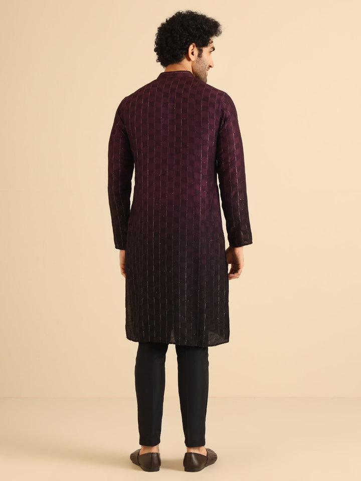 Wine to Black Ombre Check-Textured Long Kurta | SHOBITAM