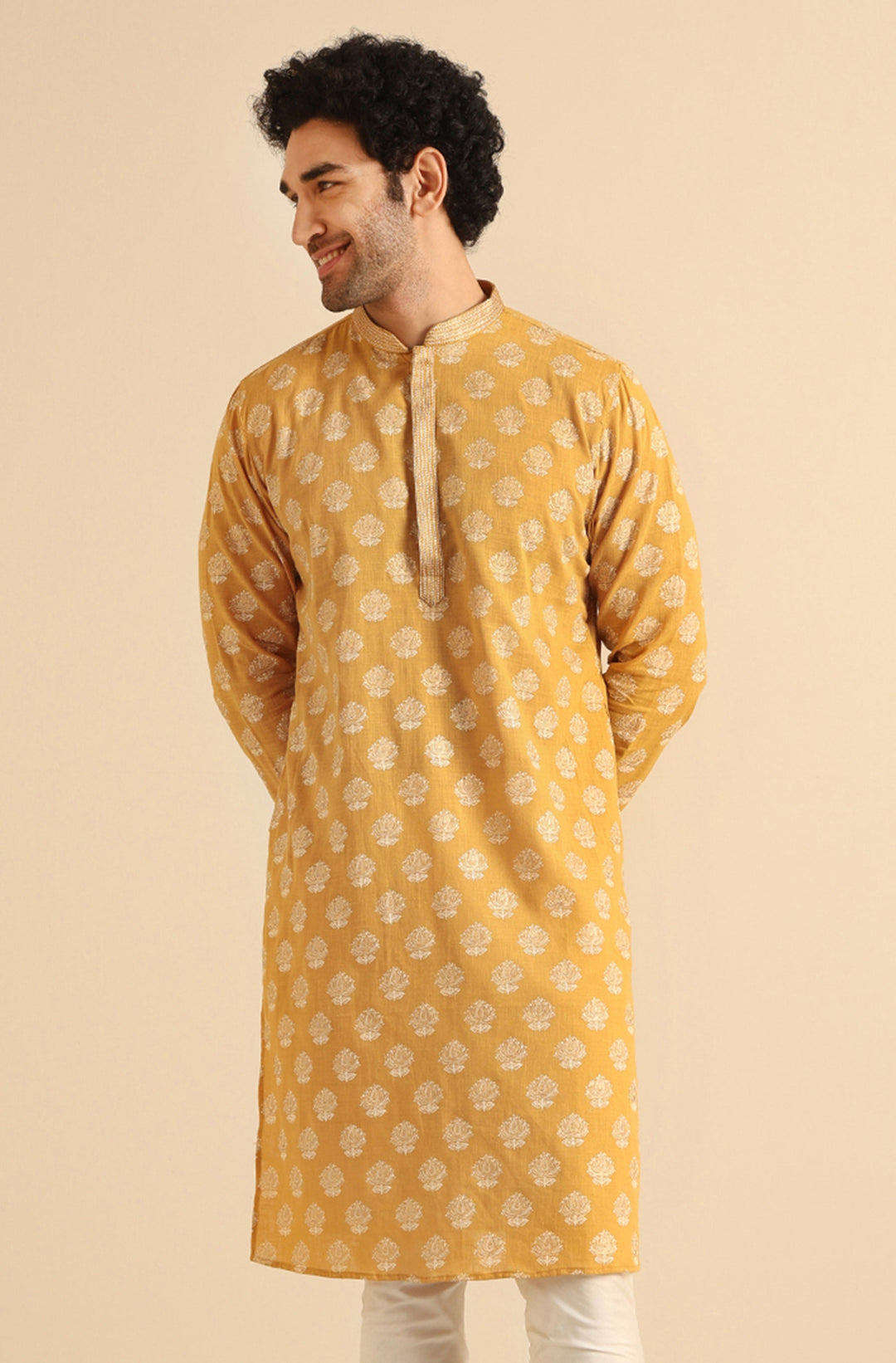 Mustard Yellow Jacquard Kurta | SHOBITAM