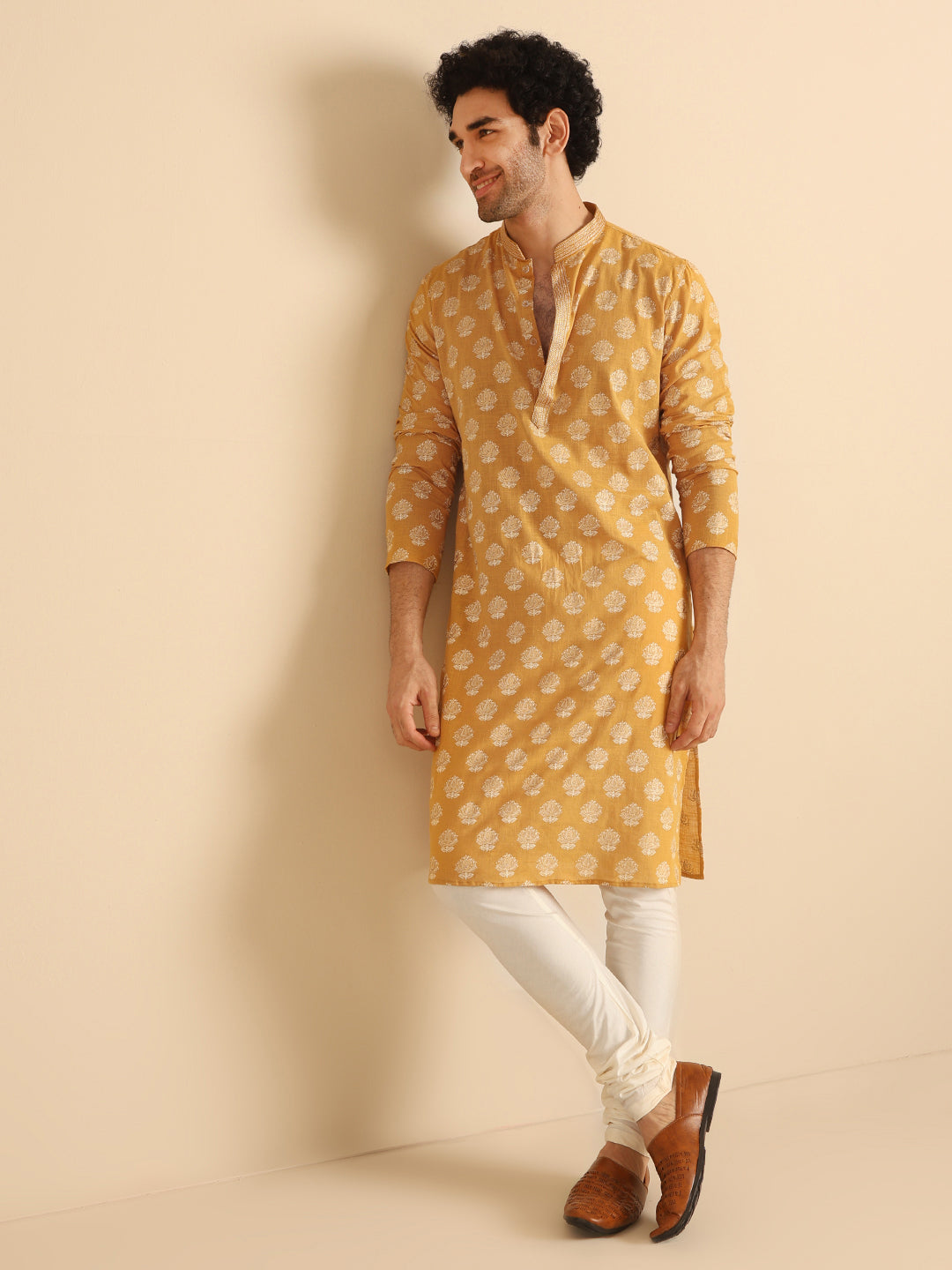 Mustard Yellow Jacquard Kurta | SHOBITAM