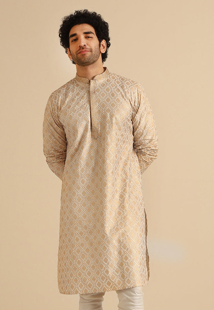 Beige Silk Blend Kurta with Intricate Woven Design and Mandarin Collar | SHOBITAM