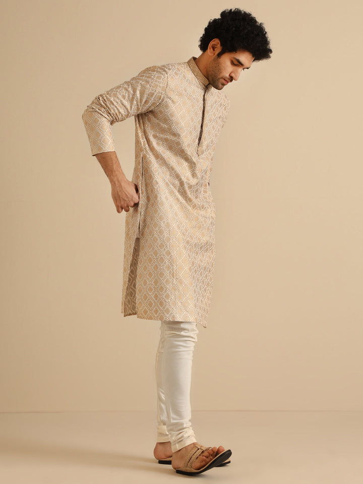 Beige Silk Blend Kurta with Intricate Woven Design and Mandarin Collar | SHOBITAM